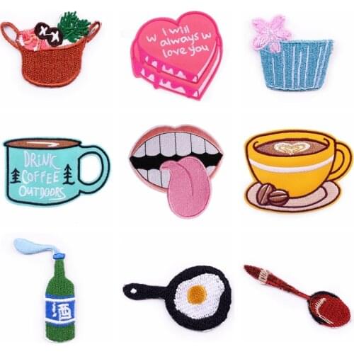 Cartoon Food Patch Iron On Patches For Clothes Coffee Patch Stripe Badge Embroidery Sew On Clothes Cup Patches Applique Decor