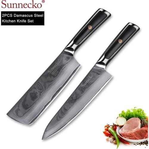 SUNNECKO 2PCS Kitchen Knives Set Cleaver Chef Knife Japanese VG10 Damascus Steel Razor Sharp Blade G10 Handle Meat Cutter Tools