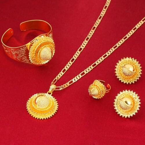 Big Size Gold Flowers 22K Gold Color African Nigeria Sudan Kenya Habesha Wedding Jewelry Set