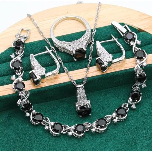 Exquisite 925 Silver Jewelry Sets For Women Black White Crystal Bracelet Earrings Necklace Pendant Ring Wedding Christmas Gift