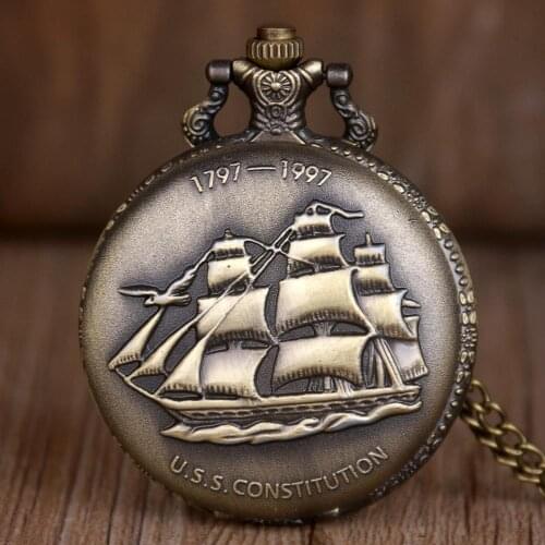 New Exquisite Bronze Boat Quartz Pocket Watches with Necklace Chain Pendant Pocket Watches Men Women Gifts Relogio De Bolso