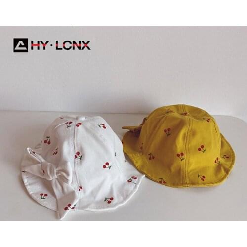 Korean Spring Baby Outdoor Travel Sun Bucket Hat Boys Girls Bow Decoration Fruit Print Breathable Fashion Cotton Fisherman Hat
