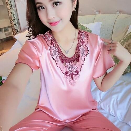 New Summer Womens Sexy Pajamas Set Short Sleeve And Pants Ice Silk Satin Homewear Plus Size Sleepwear Female Home Clothing