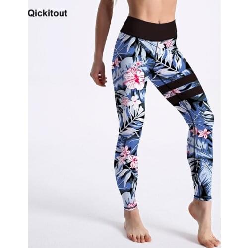 Qickitout New Arrival Fashion Womens Leggings Floral With Leaves Printed Legging High Waist Ankle Length Pants Casual Workout