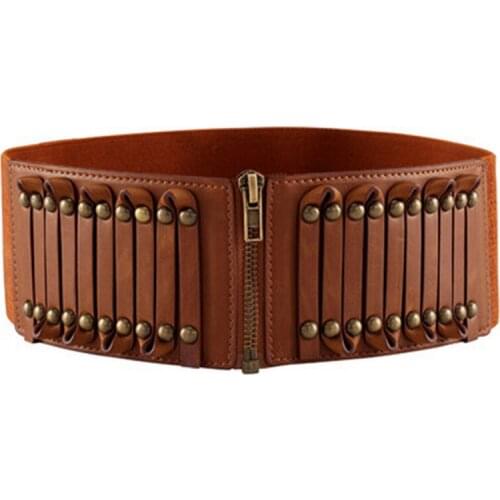 New womens ultra wide belt Punk Rivet faux leather retro design elastic Waist belt Big Zipper cummerbund for Women