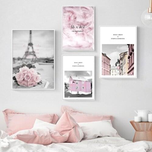 Pink Feather Castle Romantic Poster and Prints Girls Bedroom Vogue Painting Iron Tower Flower Picture Living Room Wall Art Decor