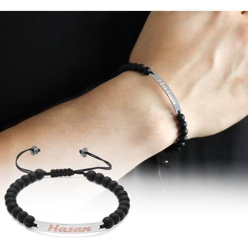 Tesbihane Personalized Name Written Onyx Natural Stone Steel Kombinli Silver Bracelet