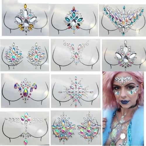 Pulaiq Chest Crystal Hippie Sticker Music Festival Party Paster for Boob Body Adhesive Decor Rhinestone Makeup Shinning Art F