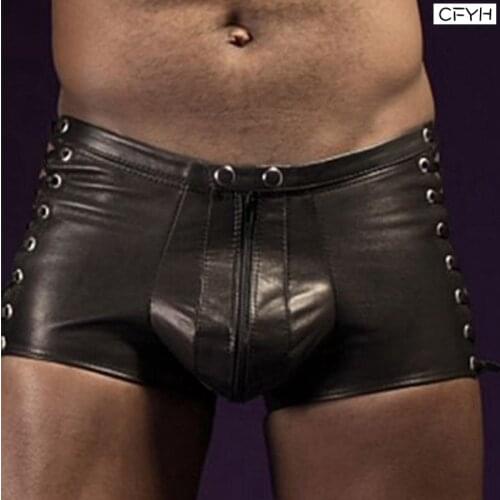 New Men Lingerie Patent Leather Boxer Shorts Underwear Underpants with O-Ring Sexy Leopard Male Boxer Underwear Men Boxer 3XL