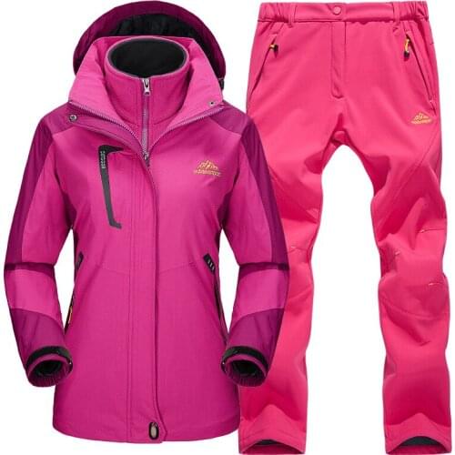 Women Fleece liner Hiking jacket & Pants Winter Outdoor thick Thermal coat 3-pieces Hiking suit Waterproof Windproof ski suit