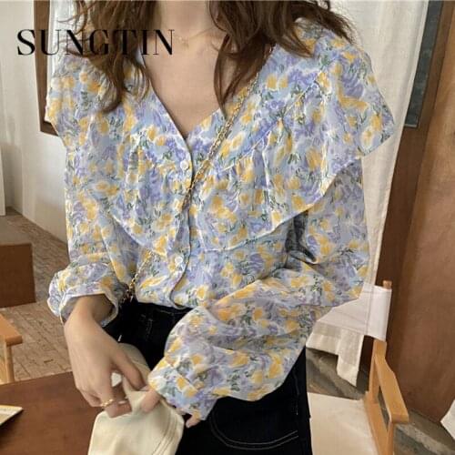 Sungtin Summer Sweet Thin Printed Loose Blouse Shirts Women Casual Long Sleeve Button Shirt Korean Chic Blouses Mujer Streetwear