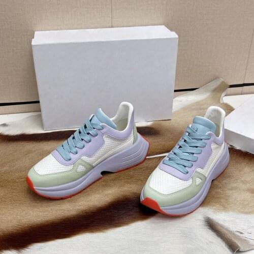 New Fashion Dad Shoes Round Toe Women Shoes Casual Flats Lace-Up Shoes Woman Comfort Genuine Leather Thick Bottom Women Flats