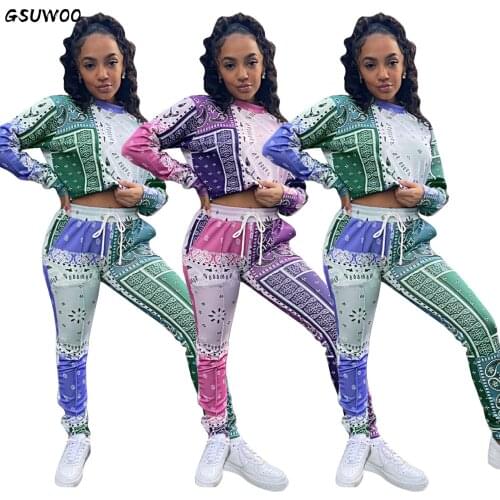 GSUWOO Casual Bandana Print Two Piece Set Street Matching Set Women Paisley Long Sleeve Sweatshirt Jogger Pants Outfit Tracksuit
