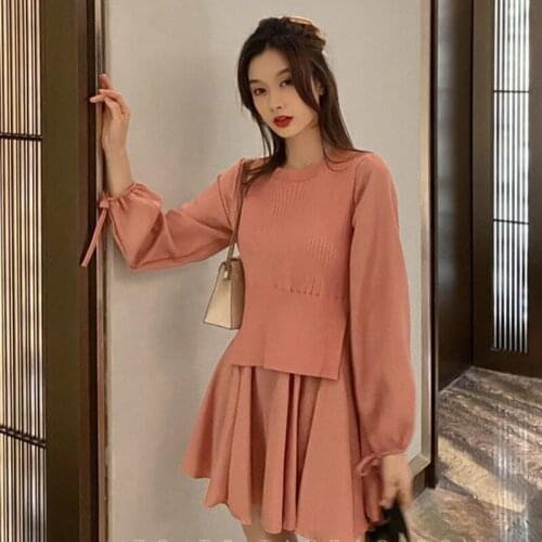 NEW Korean Robe Cute Fake Two Peices Dress Women Knitted Vest Patch Long Sleeve Shirt Dress