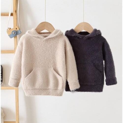 Toddler Boys Winter Clothes New Arrival Baby Thicken Sweaters Fashion Mink Fleece Hooded Pocket Pullover Sweater for Boy 2-6 Y