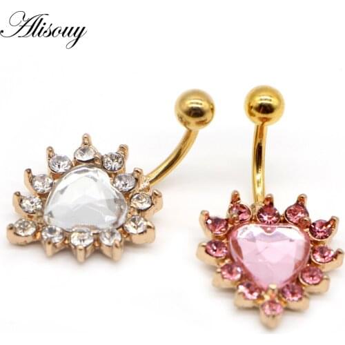 Alisouy 1PC New Sexy Body Jewelry Heart Shaped Piercing Navel Belly Ring CZ Color Pink White belly piercing nombril navel