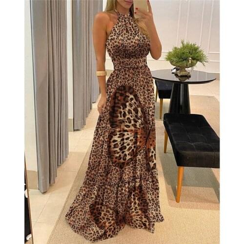 2021 Women Boho Loose Sleeveless Holiday Leopard Butterfly Dot Print Long Maxi Dress Evening Party Beach Dresses Summer Sundress