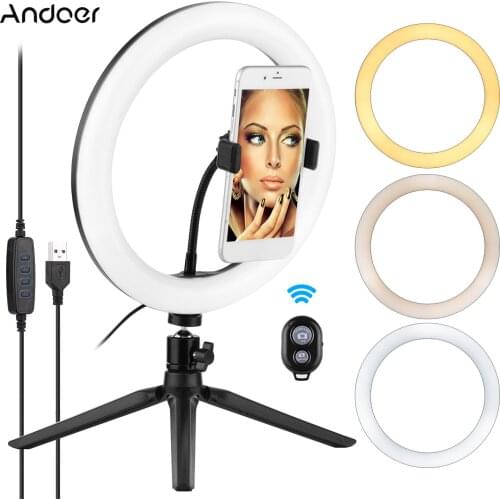 Andoer ringlight Video Streaming Kit with 10inch LED Ring Light Ball Head Mini Tripod Remote Shutter with Phone Holder Lamp