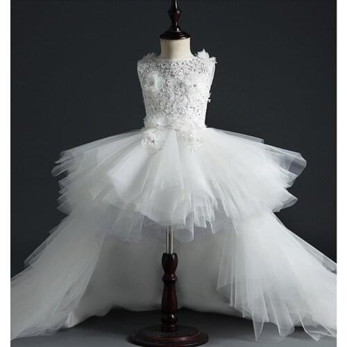 White Tulle Baby Girl Dresses Trailing Appliques Lace Flower Baptism Dresses Princess Infant 1 st Birthday Party Wedding Clothes