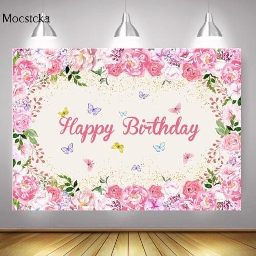 Floral Butterfly Birthday Party Banner Backdrop Spring Flowers Watercolor Butterflies Photo Background Happy Birthday Decor Prop