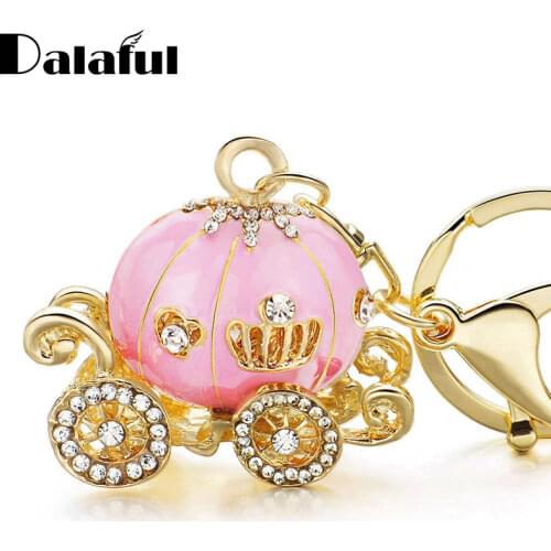 Dalaful Pumpkin Carriage Crystal For Hallowmas Fairy Tale Keychain Purse Bag Buckle HandBag Pendant For Car Keyring Holder K227