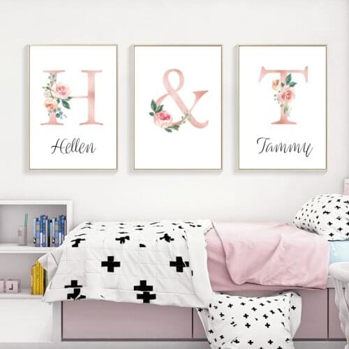 Baby Print Canvas Painting Personalized Kids Name Custom Poster Nursery Wall Art Pink Flower Pictures for Girl Room Decoration