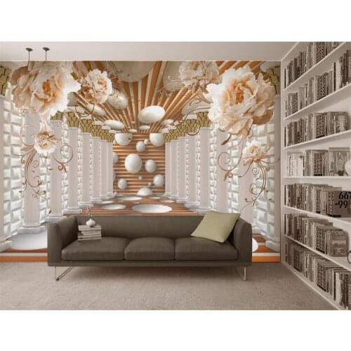 Beibehang wallpaper Peony Flower Roman Column European Style 3D TV Wall Painting Home Decorative mural Wallpaper for walls 3 d