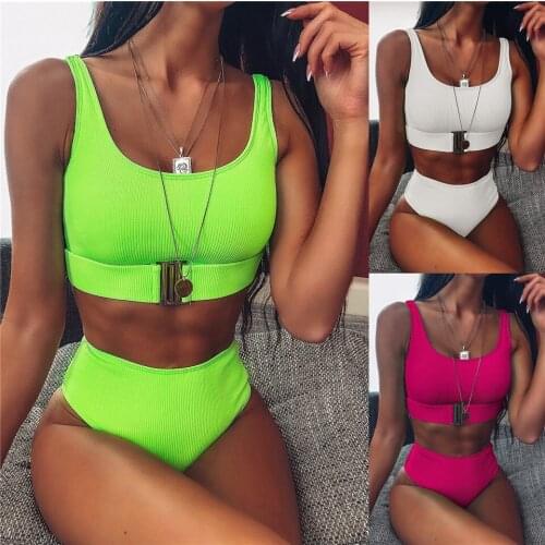 High Waist Bikini Solid Swimwear Women Pit Stripe Swimming Suit Push Up Bathing Suit Women Monokini Biquini Bikinis 2020 Mujer
