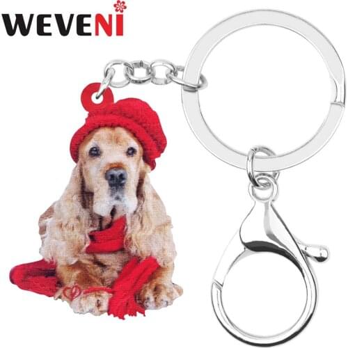 WEVENI Acrylic Christmas Hat Cocker Spaniel Dog Key chains Key Rings Bag Car Wallet Keychains For Women Girl Men Decoration Gift