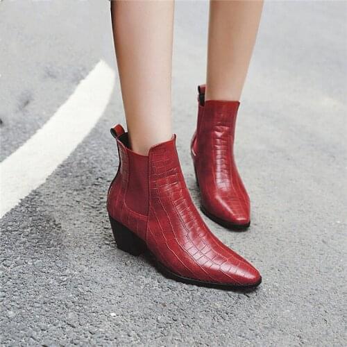 YMECHIC Plus Size Autumn Fish-scale Pattern Snake Print Dress Womens Shoes Black Red Block High Heel Chelsea Western Ankle Boots