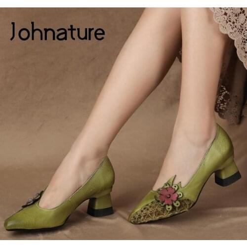 Johnature Genuine Leather High Heels Pumps Women Shoes 2021 New Retro Flower Pointed Toe Handmade Casual Concise Ladies Shoes