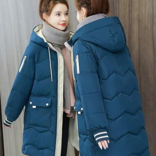 Mid-length Down Cotton 2021 New Womens Hooded Winter Cotton Clothes Korean Fashion Zippers Spliced Slim Coat Tops Manteau Femme