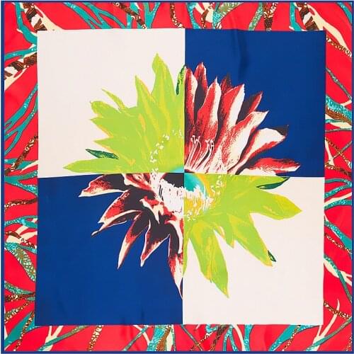 100% Silk Square Scarf Women Spain Geometric Flower Patchwork Print Neckerchief Foulard Hijab Silk Shawls Wrap Female Bandana