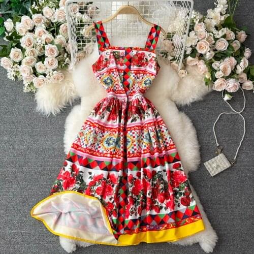 2021 Summer New Bohemian Seaside Holiday Beach Skirt Printed Suspender Skirt Elegant Temperament Dress