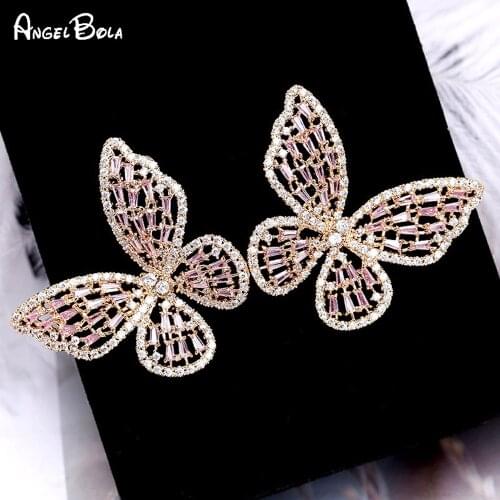 2021 Fashion Creative Design Pink Cubic Zirconia Butterfly Lady Earrings Elegant Korean Sweet Earrings Gift