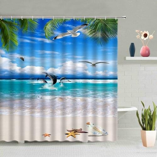 3D Ocean Dolphin Shower Curtain Starfish Animal Sandy Beach Scenic Waterproof Wall Hanging Curtains Bathroom Decor Screen Hooks