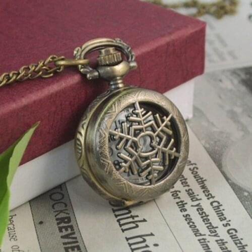 Antique Retail Vintage Bronze Small Flower umbrella star snow kids women Pocket Watch Necklace mini long chain lady clock