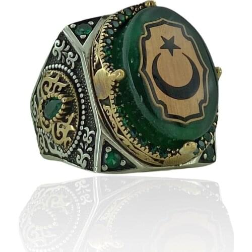 Fire Amber Emerald Stone Moon Star Custom 925 Silver Ring