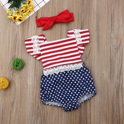 Infant Baby Girls Boys Bodysuits Striped Lace Patchwork Print Jumpsuits Summer Outfits For Independence Day 0-24M