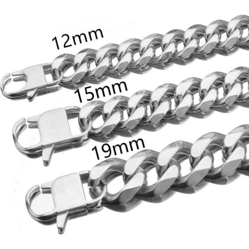 12/15/17/19mm Wide White Stainless Steel Curb Cuban Link Chain Necklace Christmas Jewelry Gift 7-40inch