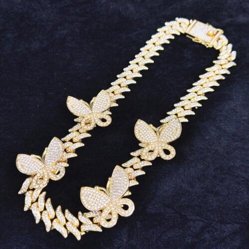 Iced Out Crystal Cuban Link Chain Butterfly Choker Necklace Statement Bling Full Rhinestone Hip Hop Women Jewelry
