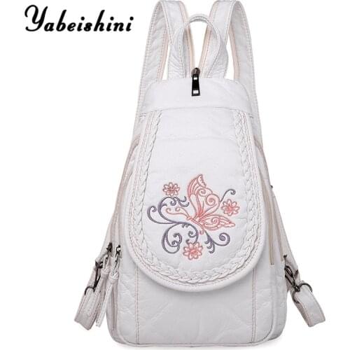 2020 New Women Backpack Fashion School Bags for Teenage Girls White Leather Backpack Flowers Embroidery Small Travel Backpack