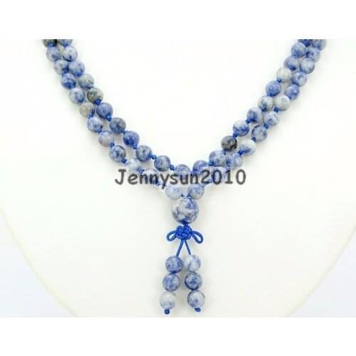 Natural Blue Spot 6mm Gems Stone Buddhist 108 Beads Prayer Mala Knot Necklace Multi-Purpose 5Strands/Pack