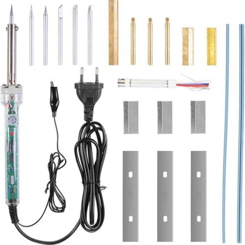 New 19pcs 220V Adjustable Solder Iron 60W All Copper Extrusion Head with Hot Strip LCD Line Maintenance Tools EU Plug