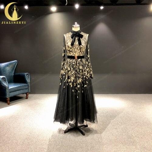 JIALINZEYI Real Picture Newest 2019 Black High Neck Long Sleeves with Gold Beads Tulle Velevt Prom Dresses Party Dresses 2019