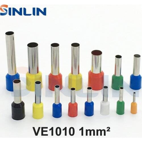 1000pcs/lot Crimp Terminal VE1010 tube pre insulating terminal Bootlace Ferrules AWG18 1.0mm^2 Brass