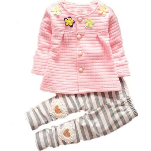 1 2 3 4 Years Cute Baby Girl Clothes Sets For Children Autumn Long Sleeve flowers Jacket+Striped Pants Toddler Girls Baby Suit