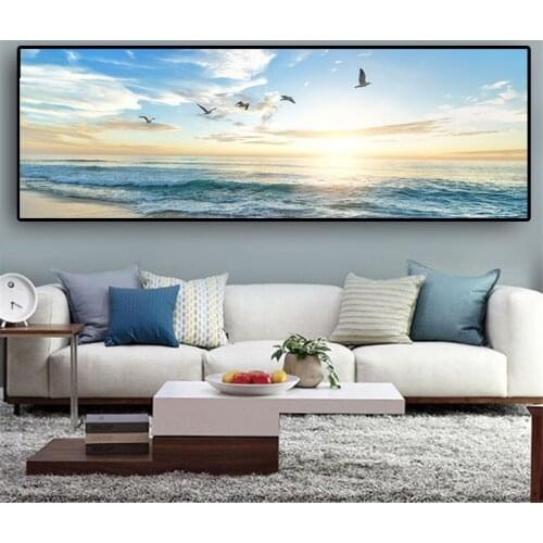 Natural Sea Beach Flying Birds Landscape Posters and Prints Canvas Painting Cuadros Wall Art Picture for Living Room Decor Salon