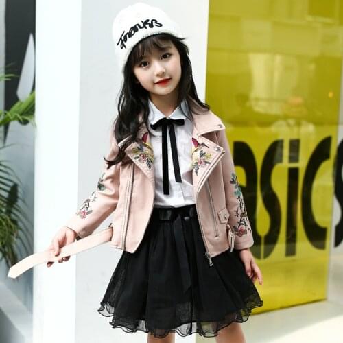 Spring Autumn Children Embroidery Leather Jackets 2019 Girls Outwear Fashion Children PU Leather Coats