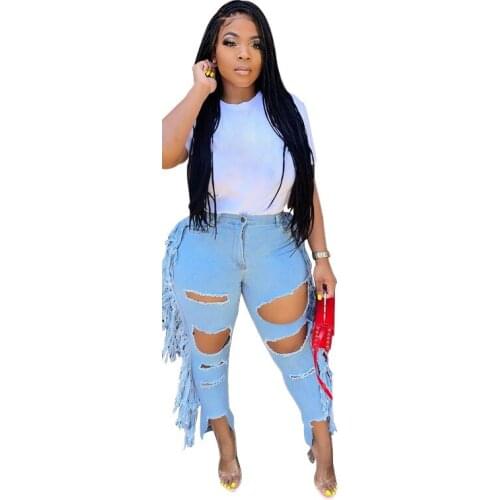 2021 New Spring And Fashion High Waist Knee Broken Tassels Full Length Denim Pants Female Jeans Cool Girl Big Size 5XL